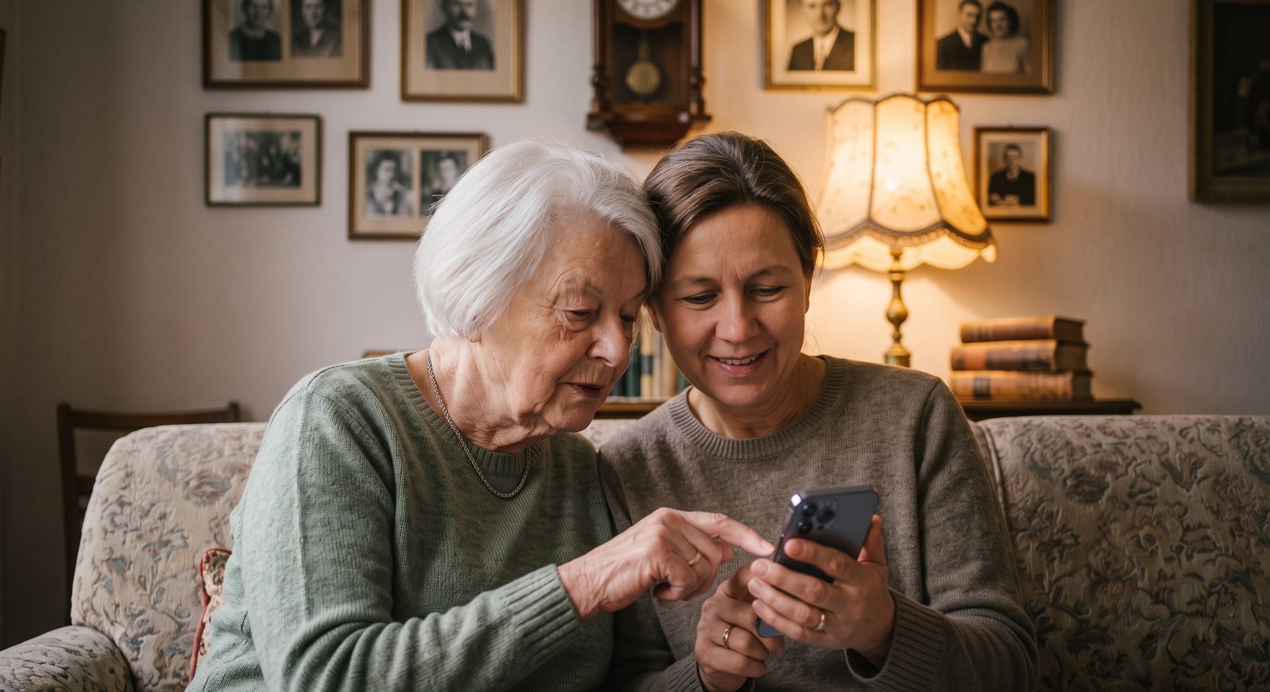 Eine Tochter richtet gemeinsam mit ihrer Mutter etwas auf dem Smartphone ein